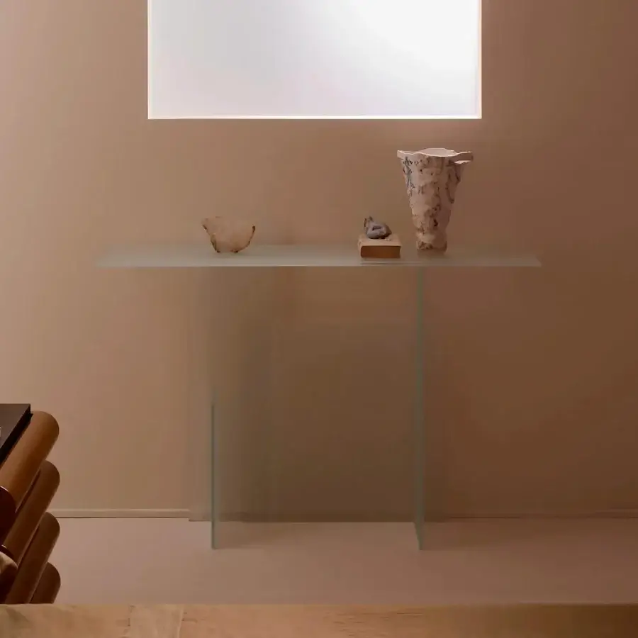 Distinguished Glas Italia Kazimir console crafted in clear tempered glass with double-sided acid-etched surfaces