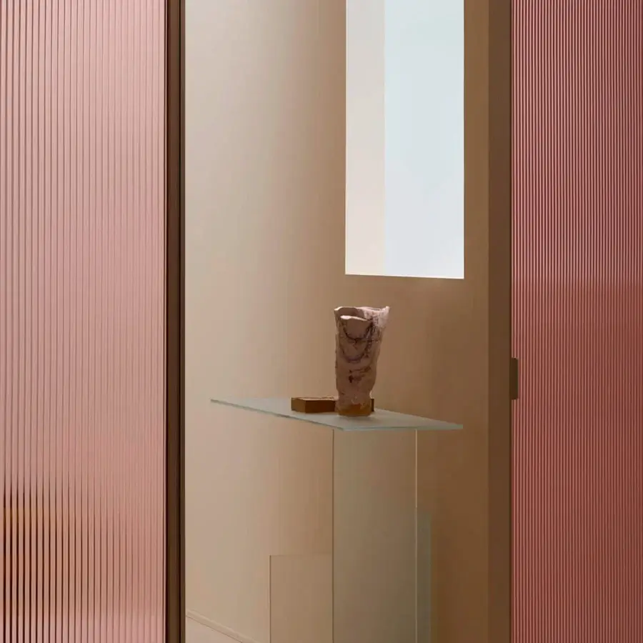 Distinguished Glas Italia Kazimir console crafted from 10mm tempered glass with acid-etched finish and matte white base