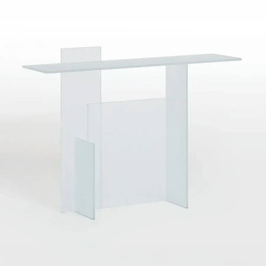 Exceptional Glas Italia Kazimir console crafted from 10mm tempered glass with double-sided acid-etched surfaces and pale frosted finish