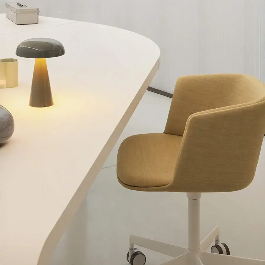 Refined Lapalma Cut office armchair with yellow-beige fabric upholstery and sandblasted aluminum swivel base