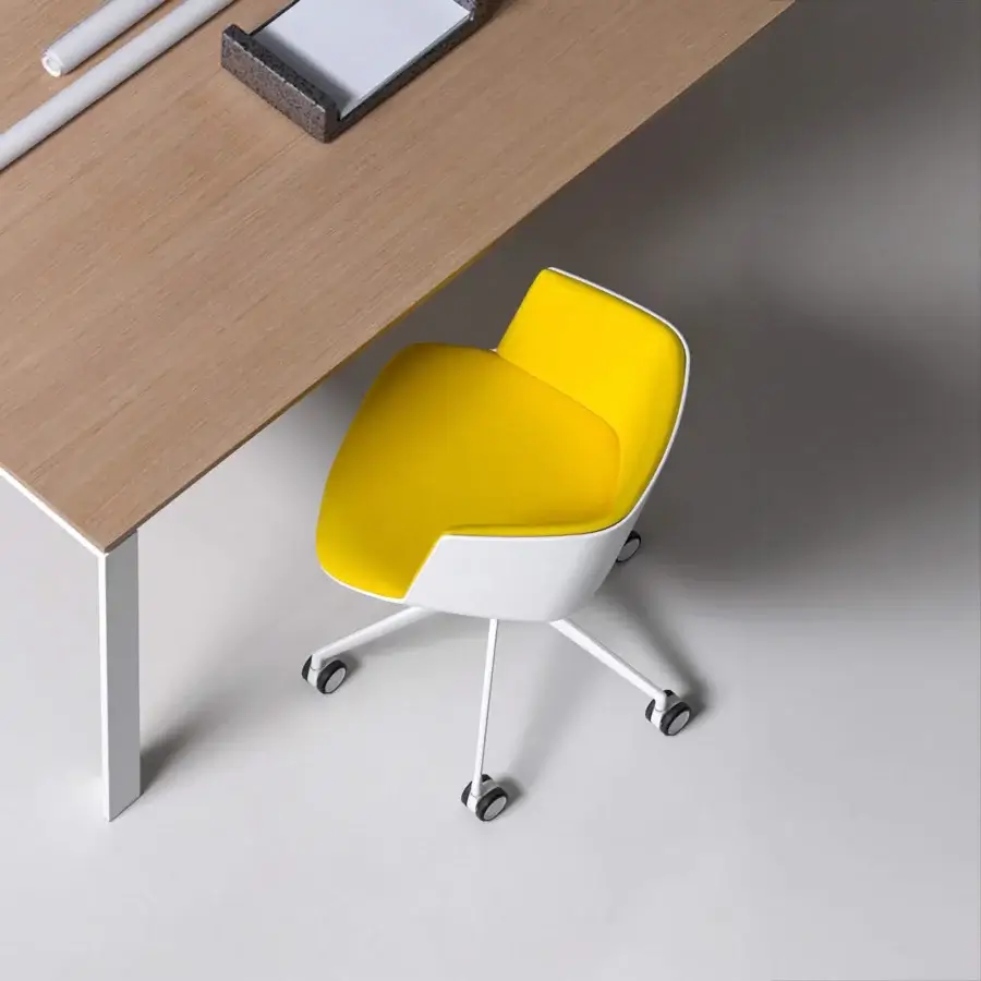 Superior Lapalma Cut office armchair with white lacquered shell and yellow fabric upholstery supported by sandblasted aluminum base