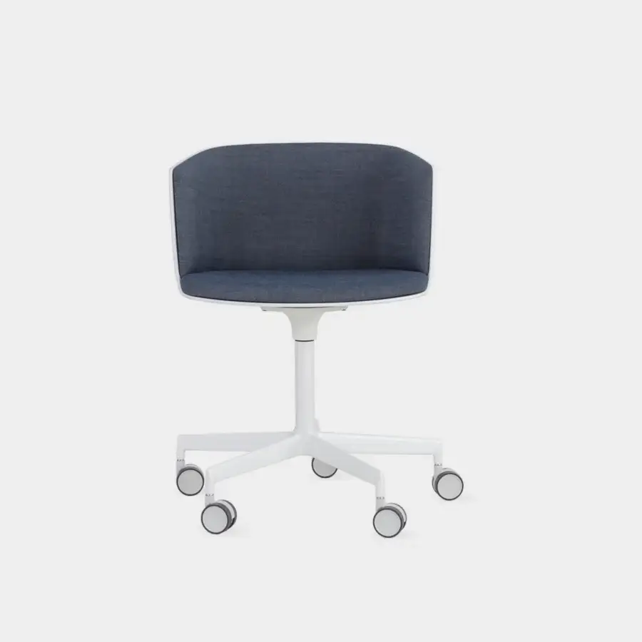 Exceptional Lapalma Cut office armchair with white lacquered shell fully upholstered in muted blue-gray textile and sandblasted aluminum swivel base