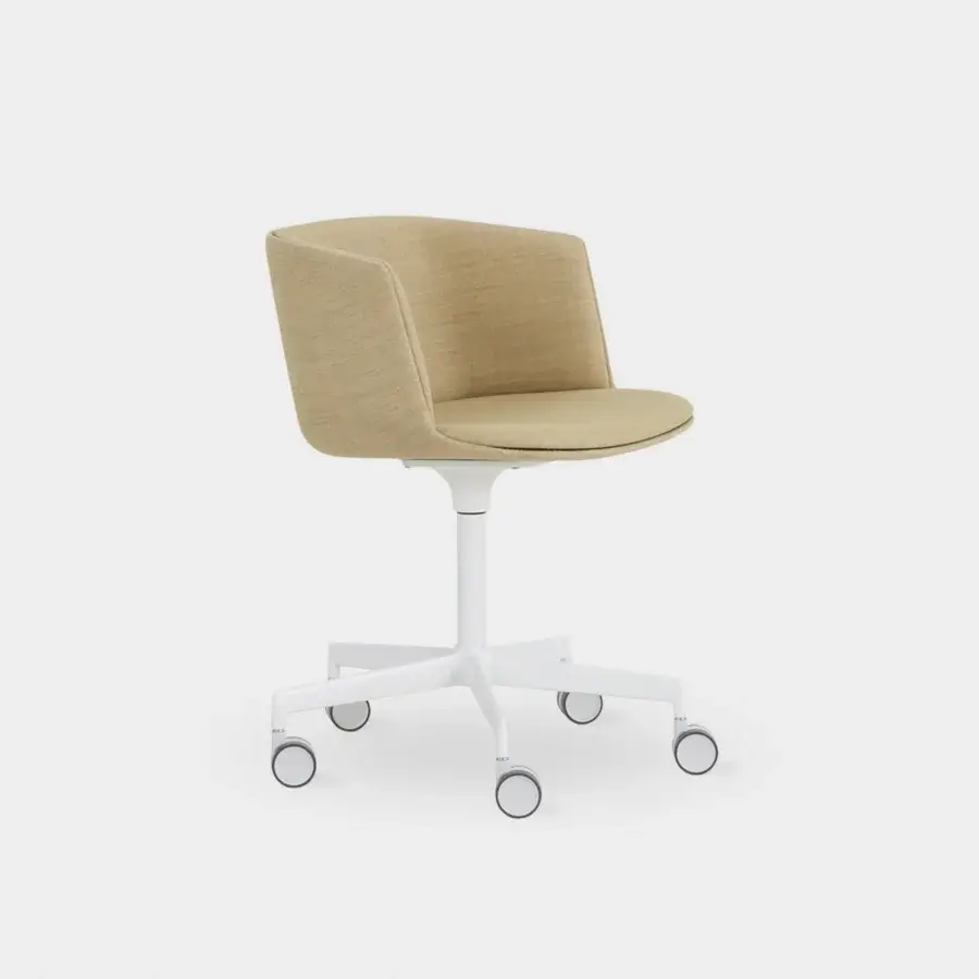 Elegant Lapalma Cut office armchair with white lacquered shell fully upholstered in warm beige textile and sandblasted aluminum swivel base