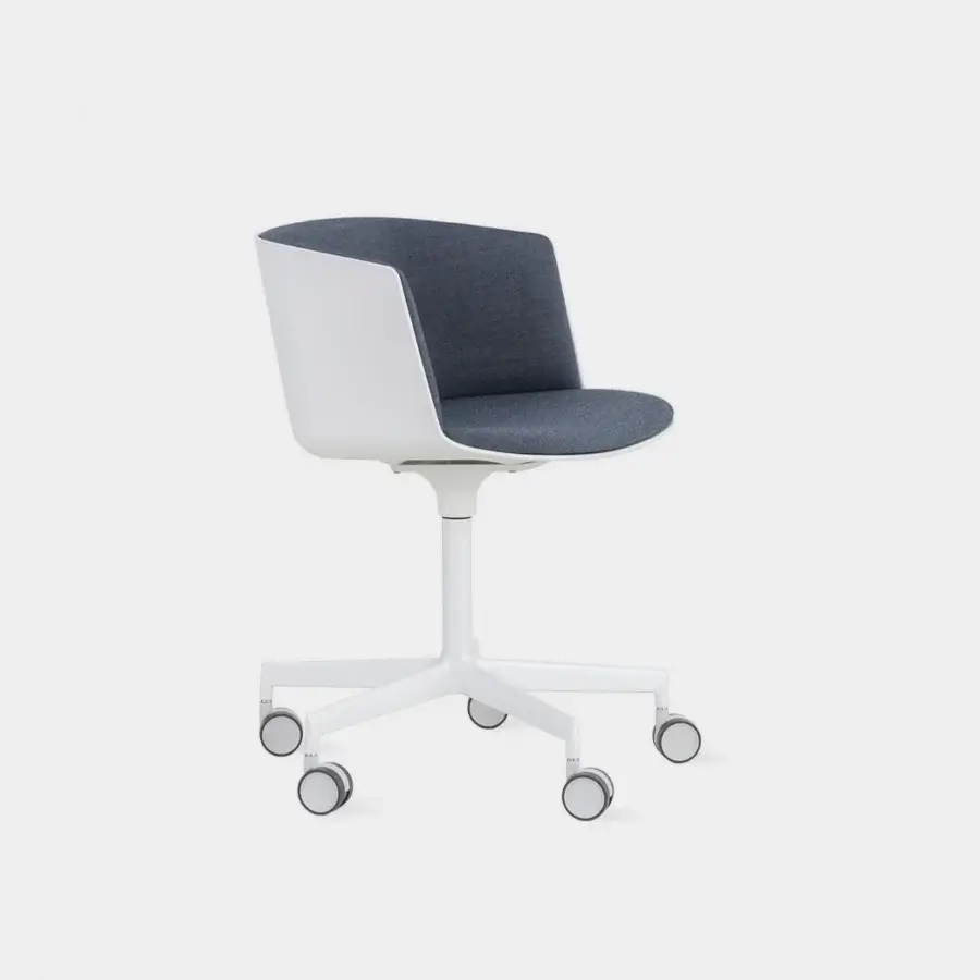Distinguished Lapalma Cut office armchair with white lacquered shell and dark gray-blue fabric upholstery built with sandblasted aluminum base