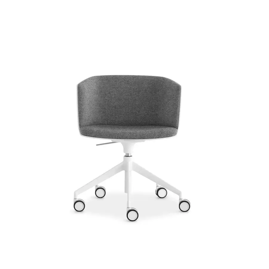 Elegant Lapalma Cut office armchair with white lacquered fire-resistant polyurethane shell fully upholstered in medium gray woven fabric and sandblasted aluminum base