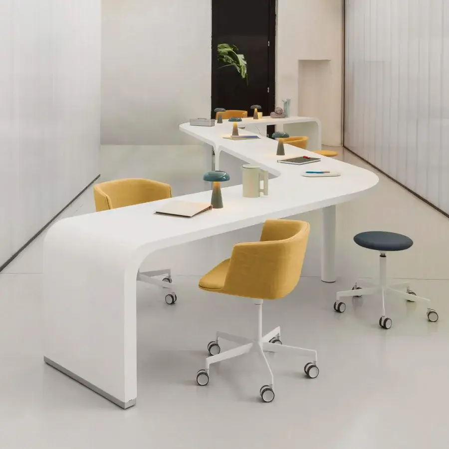 Elegant Lapalma Cut office armchair with white lacquered shell and striking mustard yellow fabric upholstery, built with a sandblasted aluminum swivel base