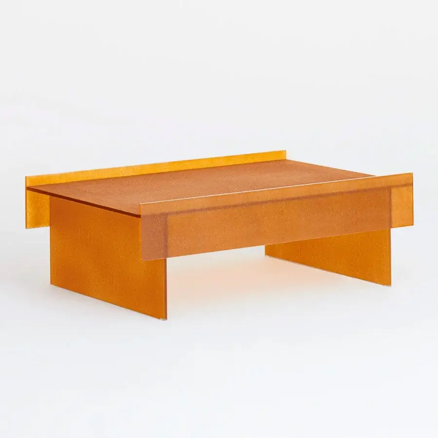 Luxury Glas Italia Simoon side & coffee table built with amber tone extralight glass and shimmering ground Murano glass finish