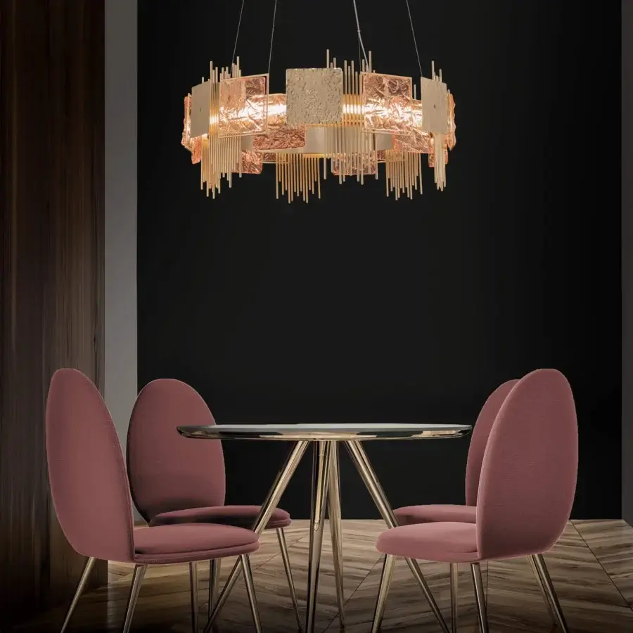 Distinguished Euroluce Character suspension lamp crafted from metal with a satin finish and warm coppery translucent panels
