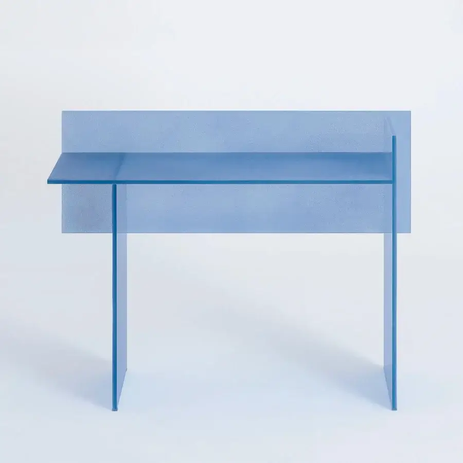 Distinguished Glas Italia Simoon desk crafted from pale blue extralight glass with a subtly frosted matte finish