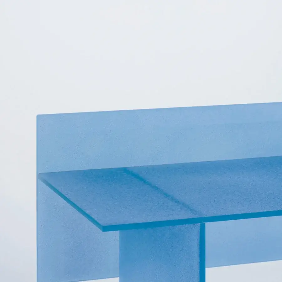 Exceptional Glas Italia Simoon desk crafted from light blue ground polished extralight glass with a shimmering texture and matte finish