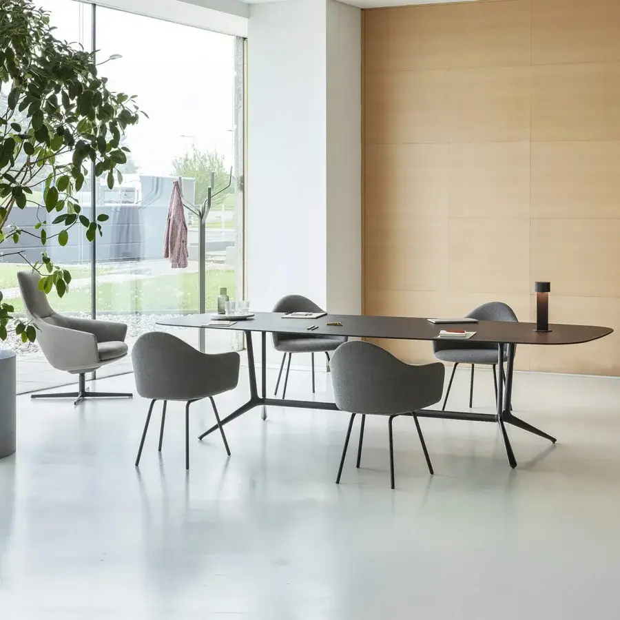 Exclusive Lapalma Edit armchair with rigid shell upholstered in muted gray fabric and matte black powder-coated steel legs