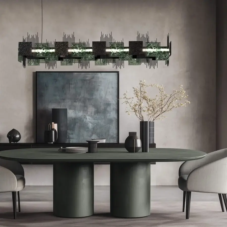 Distinguished Euroluce Character suspension lamp with a matte black metal frame and polished stone-like inserts crafted with meticulous detail