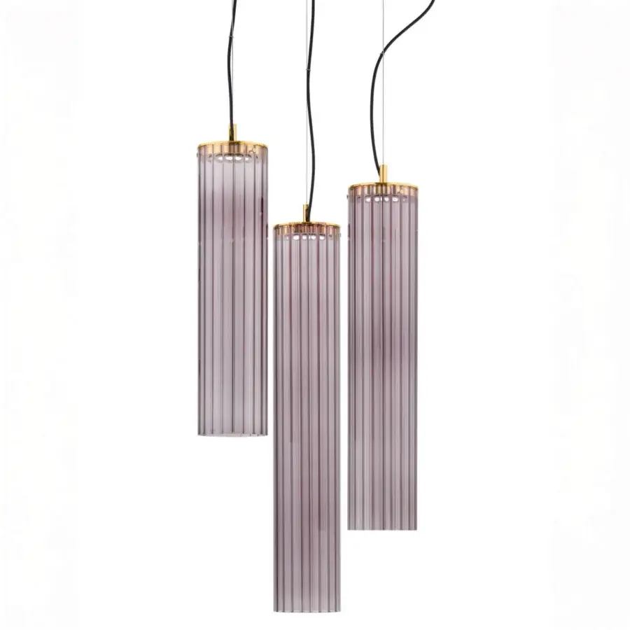 Exceptional Euroluce Itala suspension lamp crafted in lavender fluted glass with a glossy gold-toned metal canopy and sleek black cords