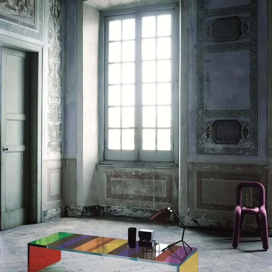 Luxury Glas Italia Dark Side Of The Moon coffee table built in laminated extralight glass with a matte wood frame and multicoloured mosaic