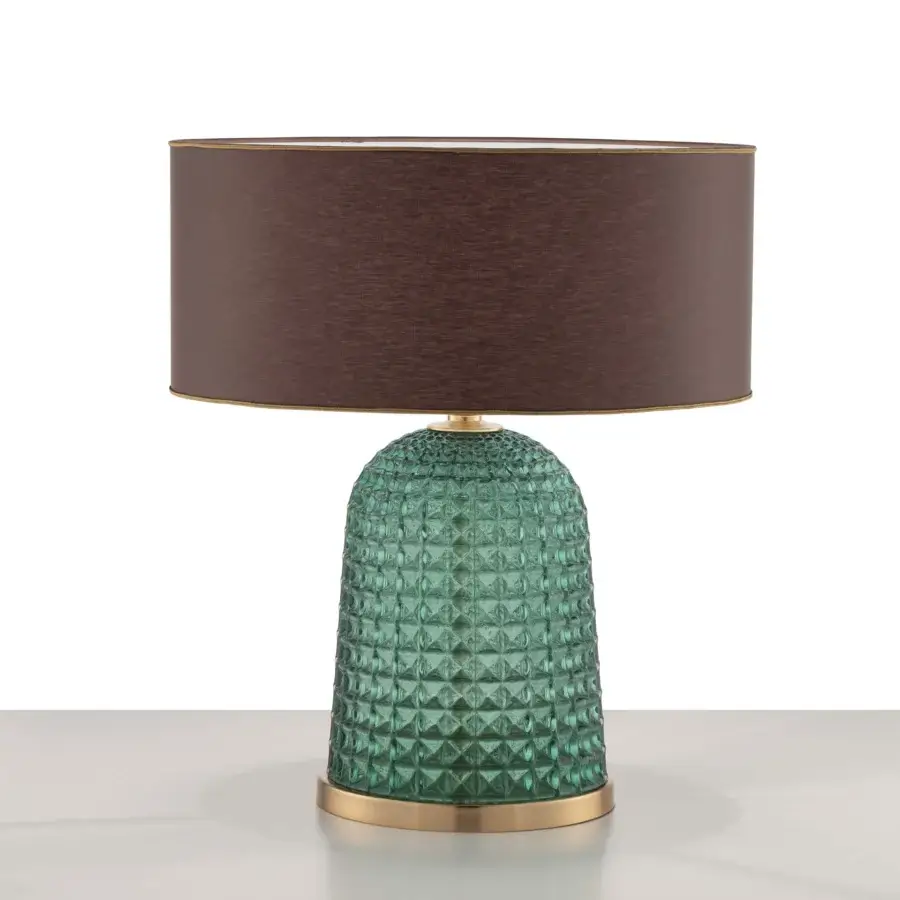 Superior Euroluce Cloche table lamp with textured green glass and dark brownish-grey matte textile lampshade crafted in gold-toned metal