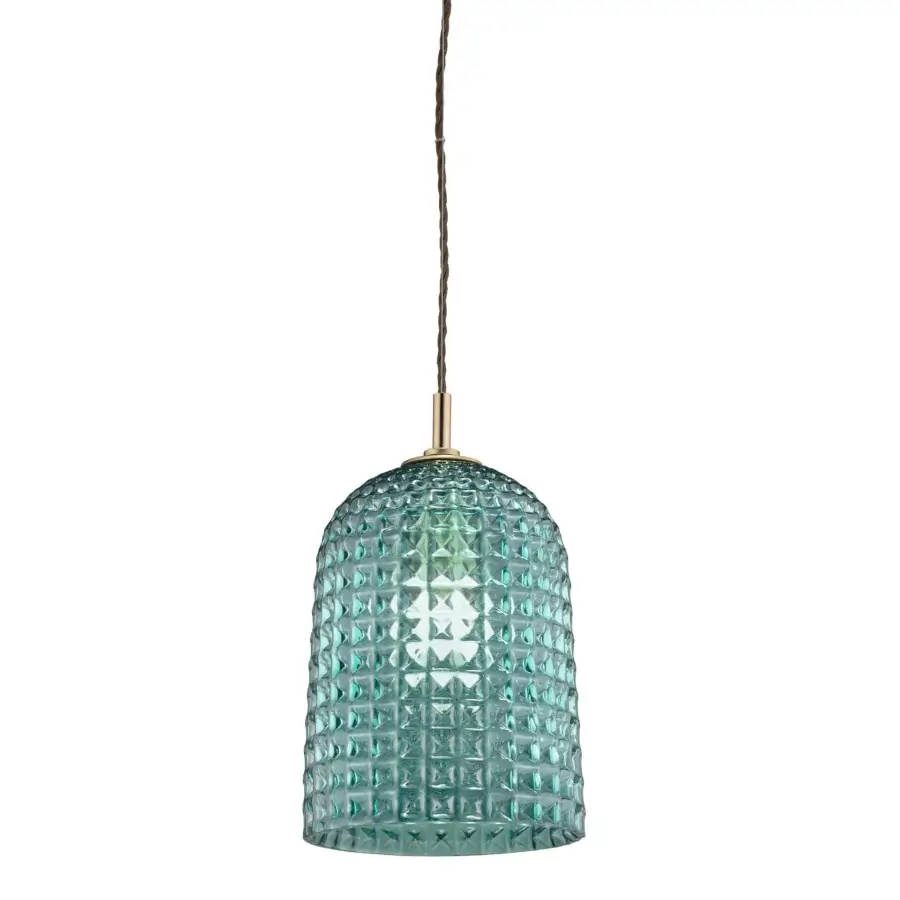 Distinguished Euroluce Cloche suspension lamp with sculpted glass and brass-toned metal hardware in a glossy muted teal finish