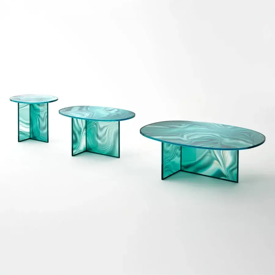Distinguished Glas Italia Liquefy coffee table crafted in teal and blue tempered extralight glass with a glossy sheen