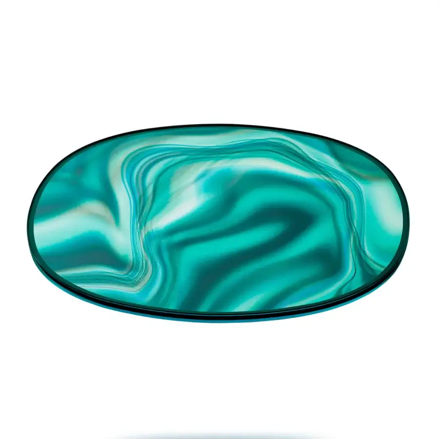 Superior Glas Italia Liquefy coffee table crafted in teal tempered extralight glass with a glossy veined pattern and dark band