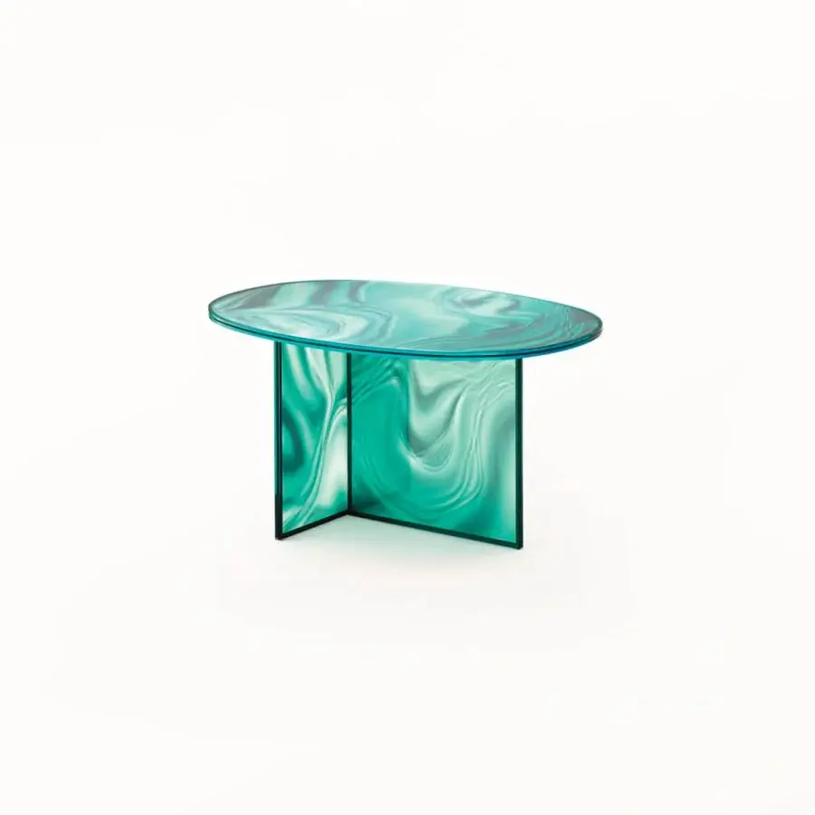 Exceptional Glas Italia Liquefy coffee table crafted in teal tempered extralight glass with swirling marbled veining and glossy finish