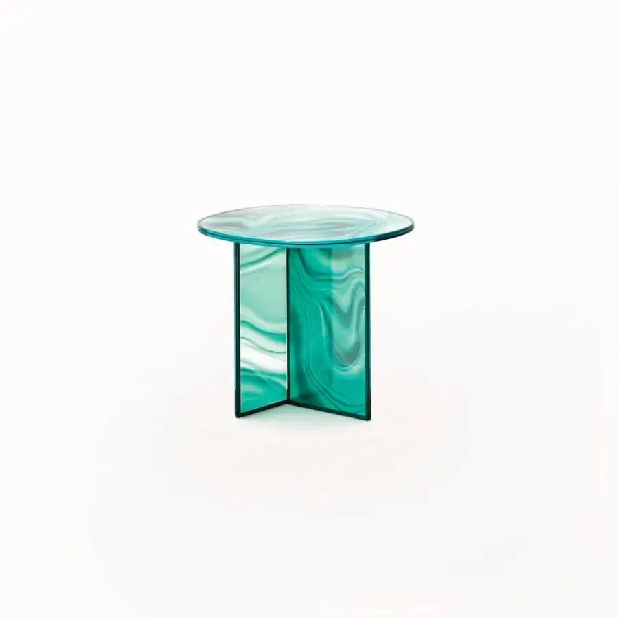 Distinguished Glas Italia Liquefy coffee table crafted in teal tempered extralight glass with a glossy finish and painted frame