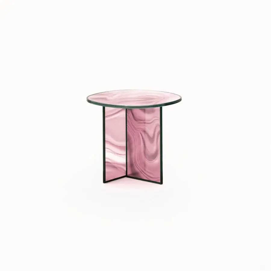 Superior Glas Italia Liquefy coffee table crafted in pink and reddish-brown veined tempered extralight glass with a sleek black metal base and glossy finish