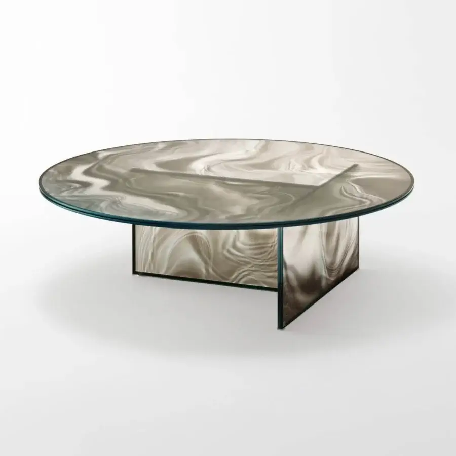 Exceptional Glas Italia Liquefy coffee table crafted in swirling brown and beige tempered extralight glass with glossy finish and whisky frame