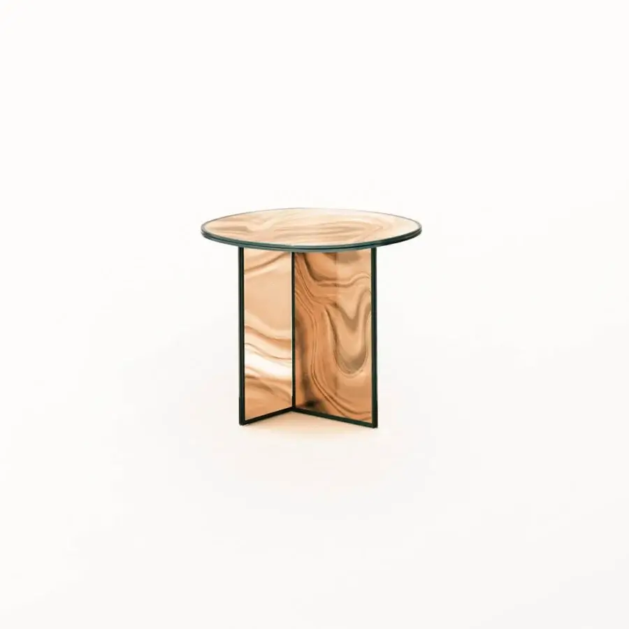 Superior Glas Italia Liquefy coffee table crafted in tempered extralight glass with a dark-toned metal frame and swirling amber finish
