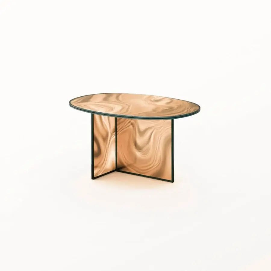 Elegant Glas Italia Liquefy coffee table crafted in tempered extralight glass with reflective copper tone and painted frame
