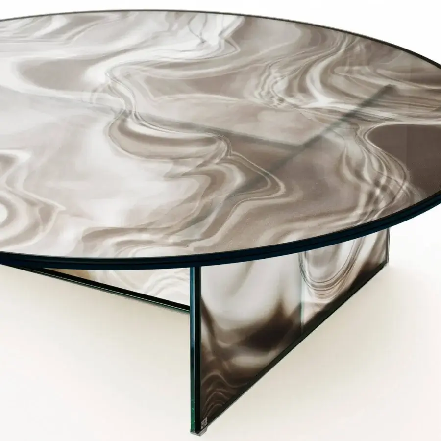 Distinguished Glas Italia Liquefy coffee table crafted in tempered extralight glass with swirling brown and beige marbling and glossy finish