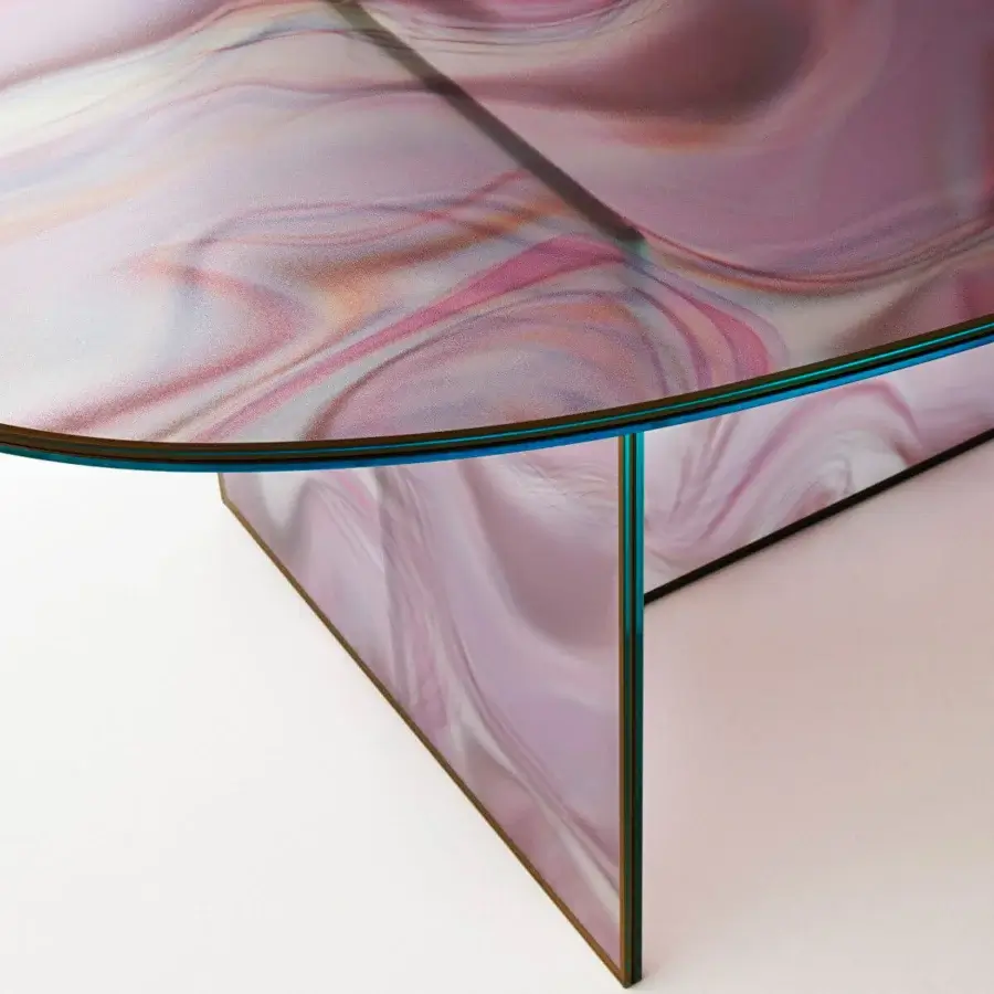 Exceptional Glas Italia Liquefy coffee table built in tempered extralight glass with swirling pink and purple marbling and glossy sheen