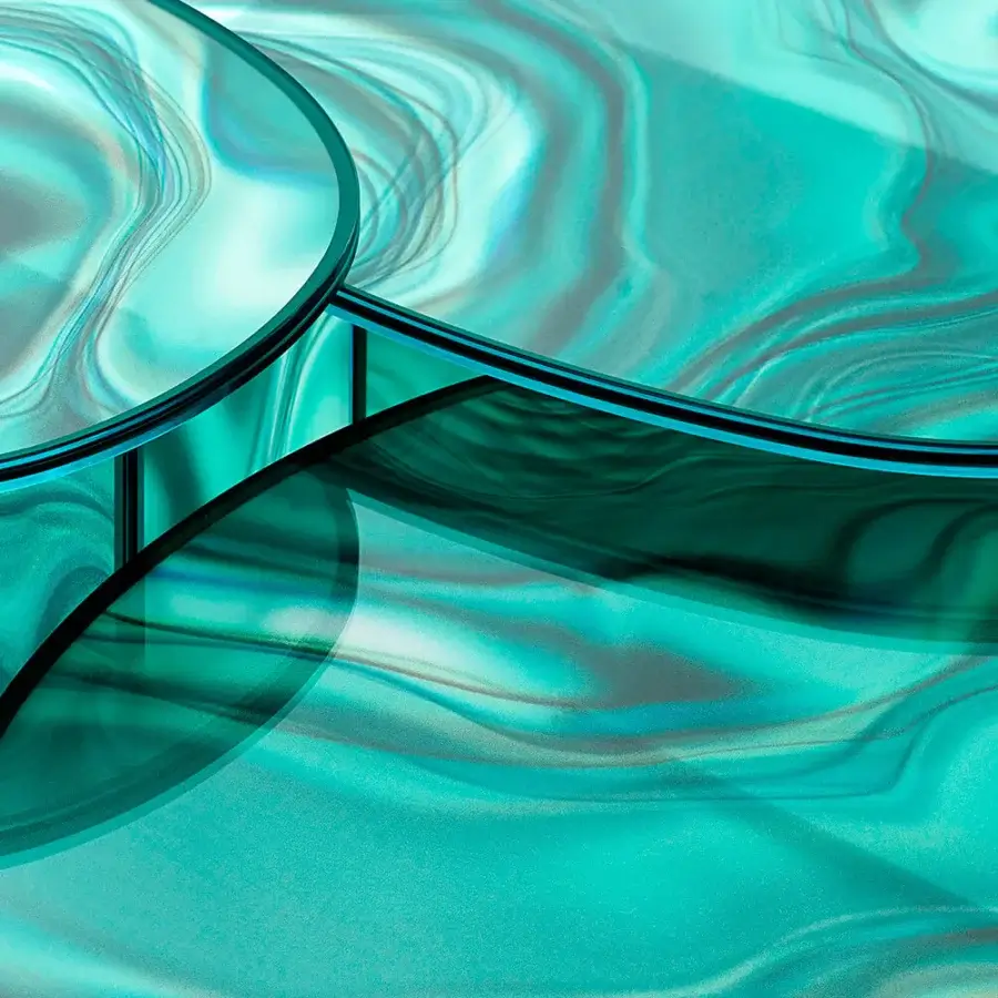 Stunning Glas Italia Liquefy coffee table crafted in teal tempered extralight glass with flowing veining and glossy finish