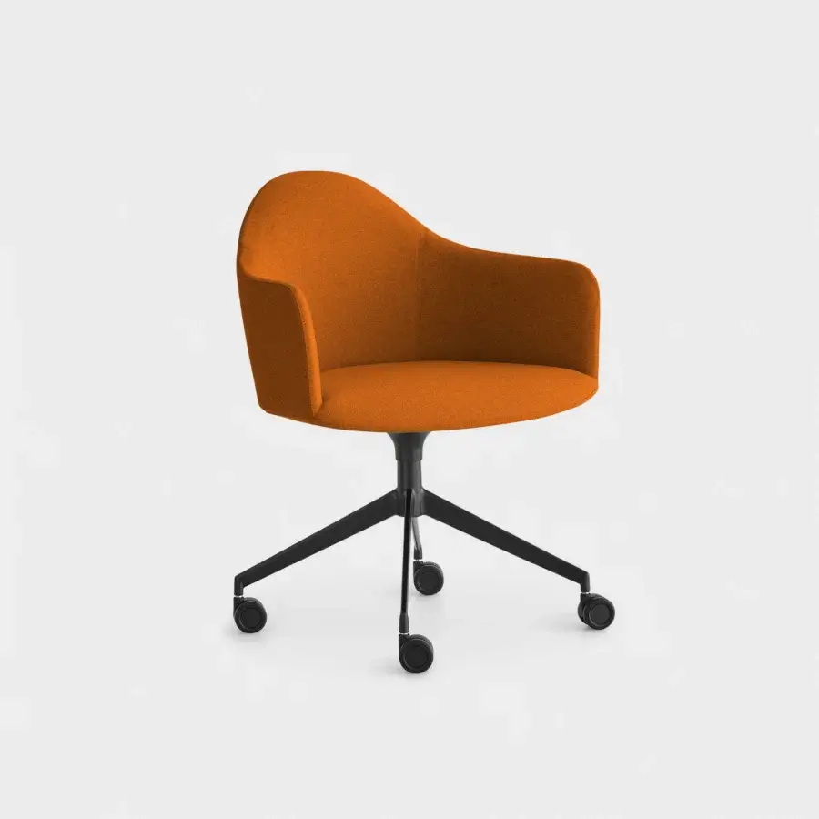 Superior Lapalma Edit Office armchair with rounded form and warm burnt orange textile upholstery built with a dark swivel aluminium frame