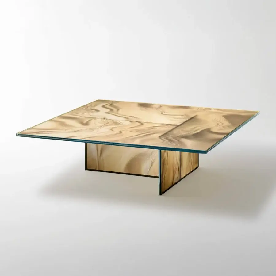 Distinguished Glas Italia Liquefy coffee table crafted in tempered extralight glass with veined decoration and whisky finish