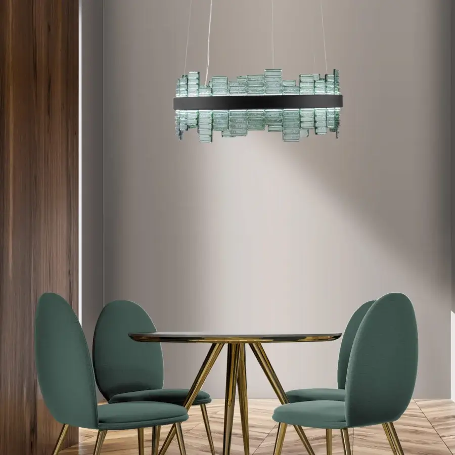 Superior Euroluce Focus suspension lamp with greenish-blue glass elements held in a sleek matte dark metal frame