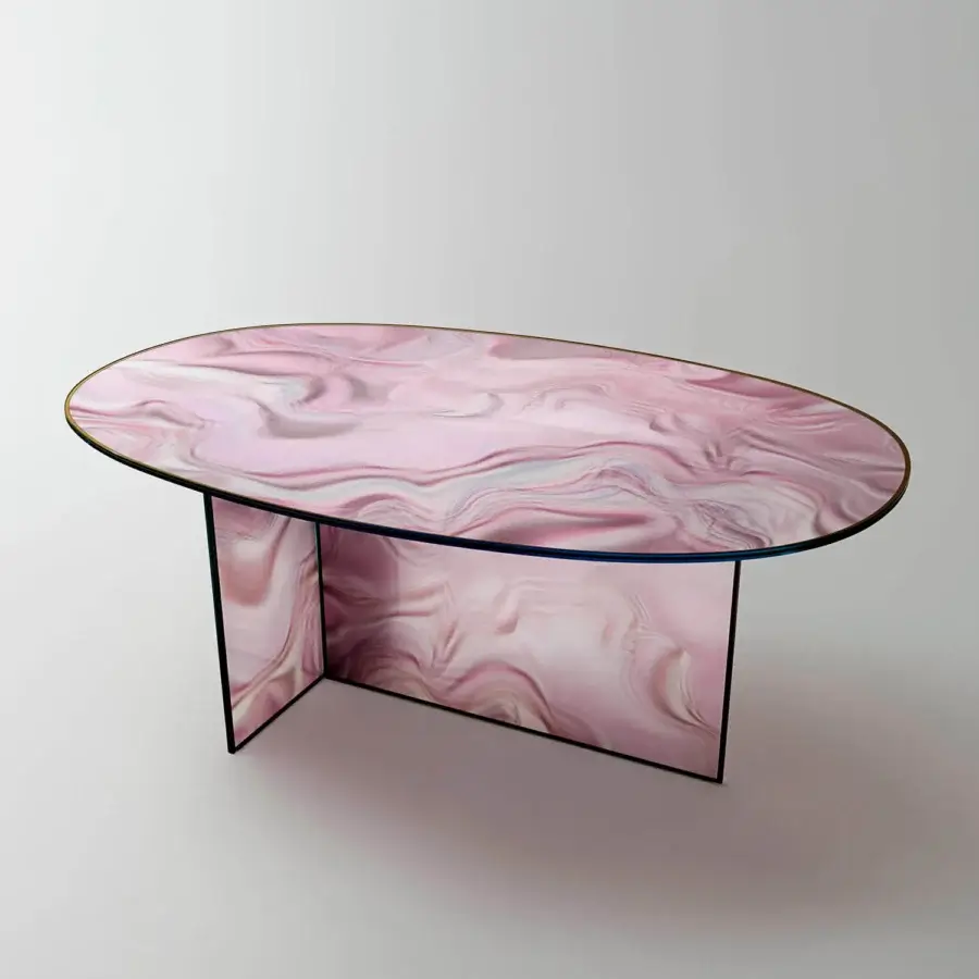 Elegant Glas Italia Liquefy table crafted in pink burgundy tempered extralight glass with glossy finish and anthracite grey frame