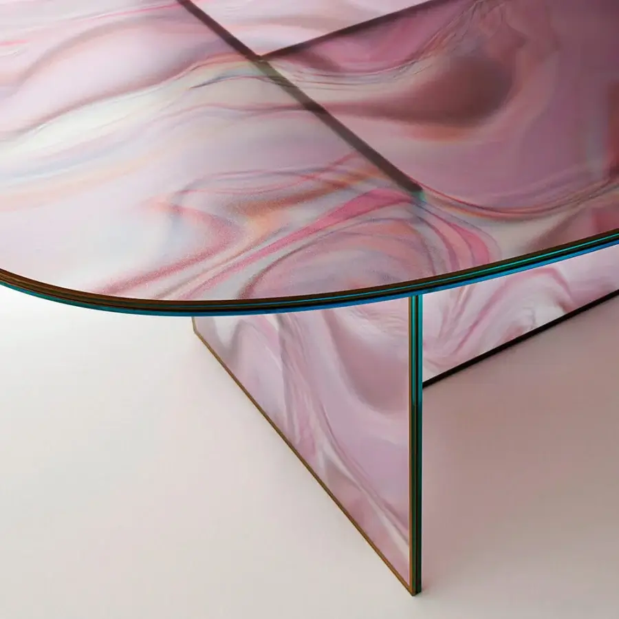 Distinguished Glas Italia Liquefy table crafted in pink mauve tempered extralight glass with silver metallic trim and glossy finish