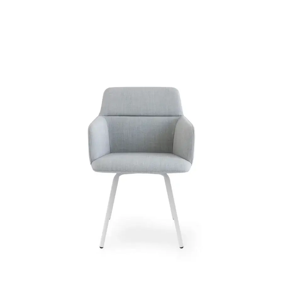 Elegant Lapalma Foil armchair upholstered in light gray textured fabric with a light-toned powder-coated steel base and polypropylene feet