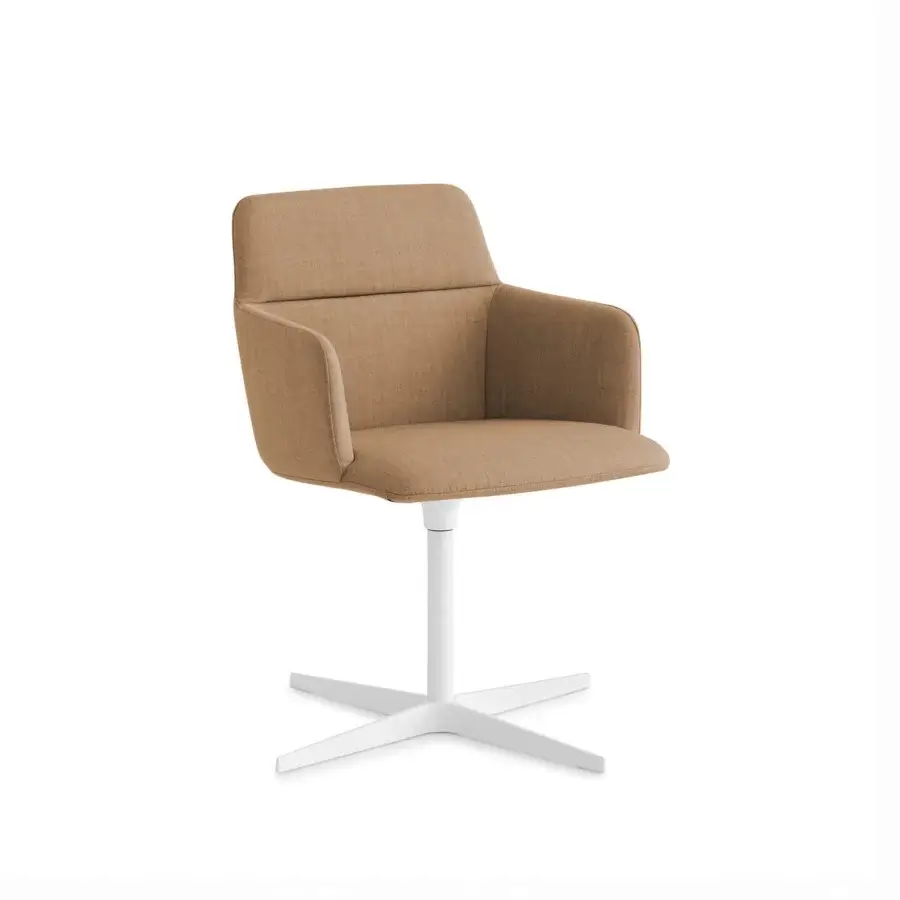 Distinguished Lapalma Foil armchair built in warm tan textile with a white powder-coated aluminum swivel base
