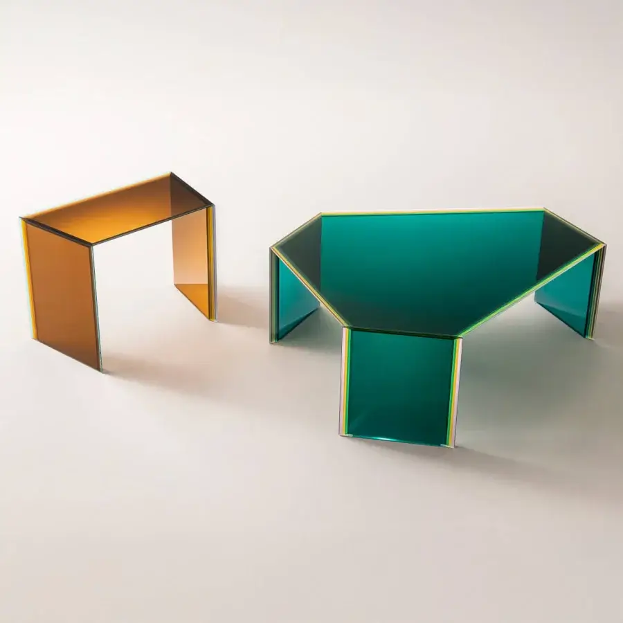 Distinguished Glas Italia Bisel table crafted from five layers of amber multichromatic glass with a high-shine glossy finish