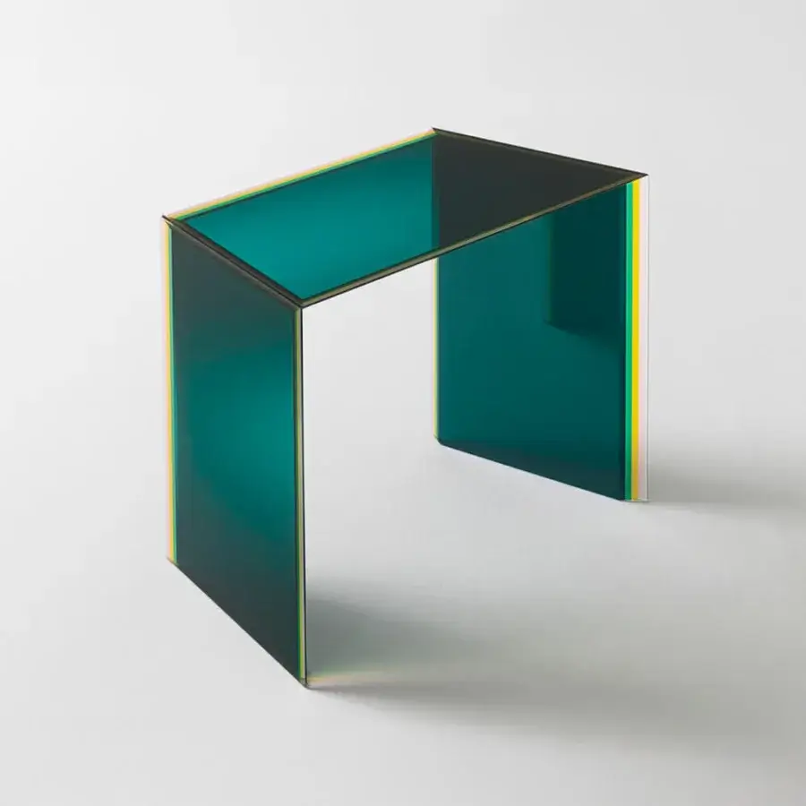 Captivating Glas Italia Bisel table crafted from five layers of multichromatic glass with teal to black tones and glossy finish
