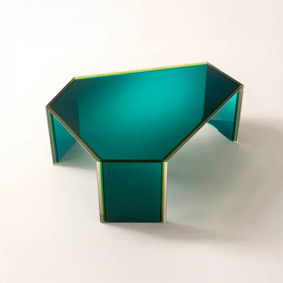 Exceptional Glas Italia Bisel table crafted from five layers of teal multichromatic glass with golden amber edges and a high-shine faceted finish
