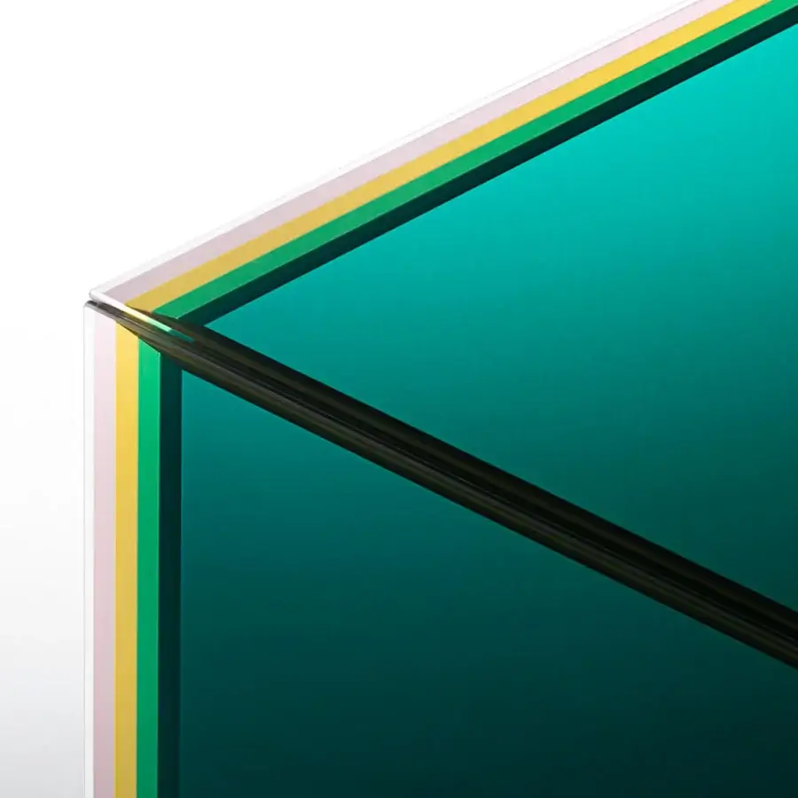 Exceptional Glas Italia Bisel table crafted from five layers of teal to turquoise multichromatic glass with gold-toned edges