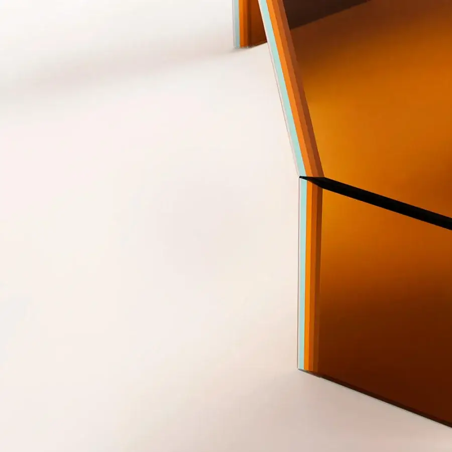 Superior Glas Italia Bisel table crafted from five layers of amber and brown multichromatic glass with polished facets