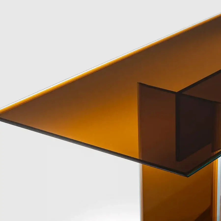 Distinguished Glas Italia Bisel table crafted from five layers of multichromatic glass with satin-finish metal base