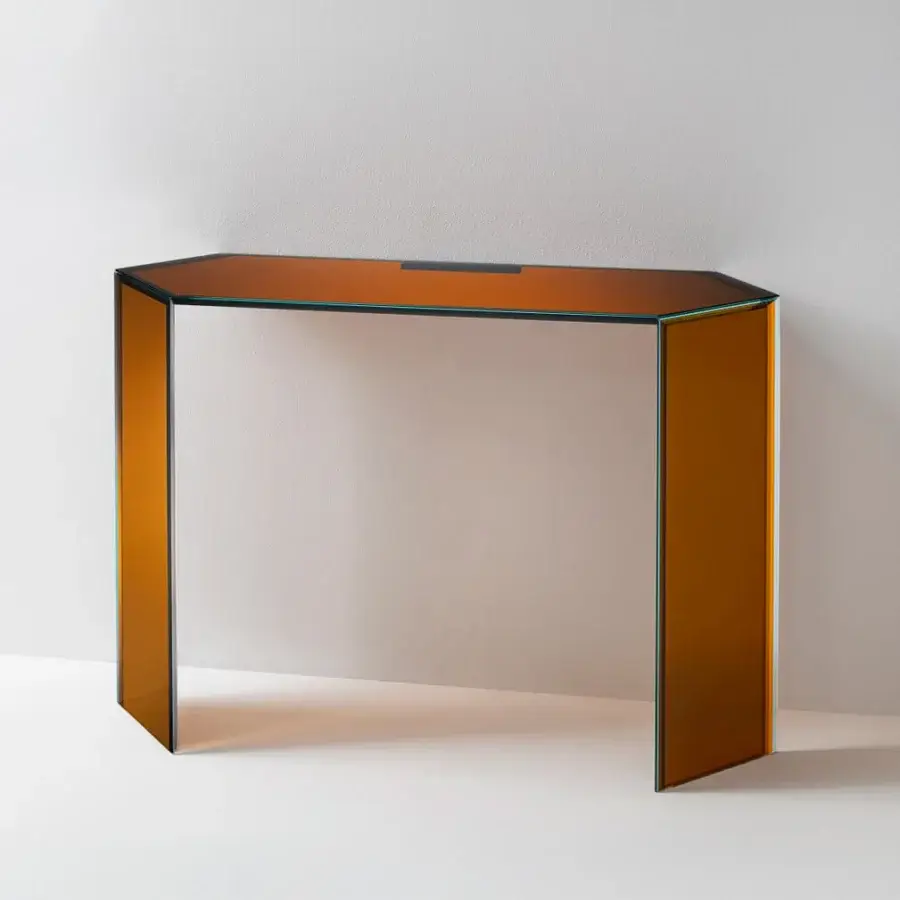 Exceptional Glas Italia Bisel console crafted with five layers of amber, multichromatic glass and high-shine polish