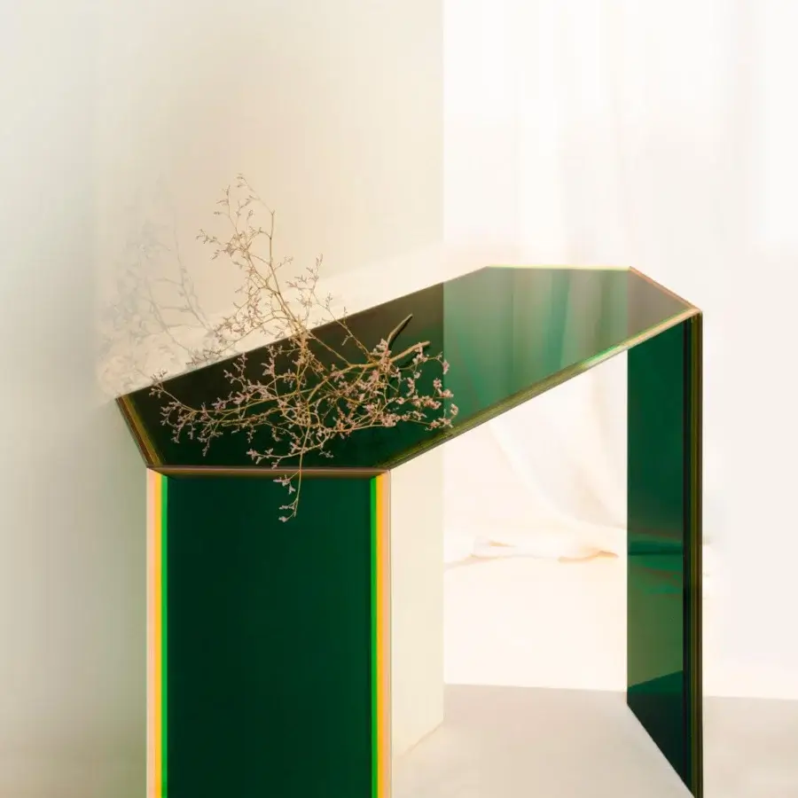 Distinguished Glas Italia Bisel console built with translucent green and vibrant yellow-orange extralight glass with a polished finish