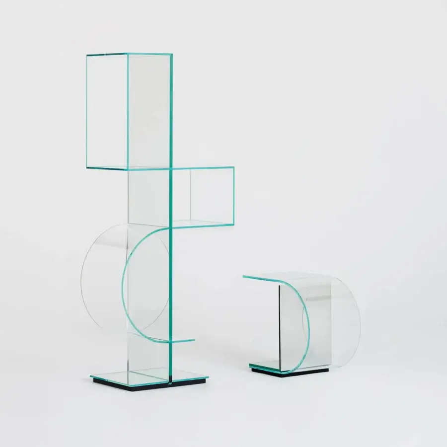 Captivating Glas Italia Ollie Totem bookcase in 10mm extralight glass and laminated mirror with seamless 45° joints