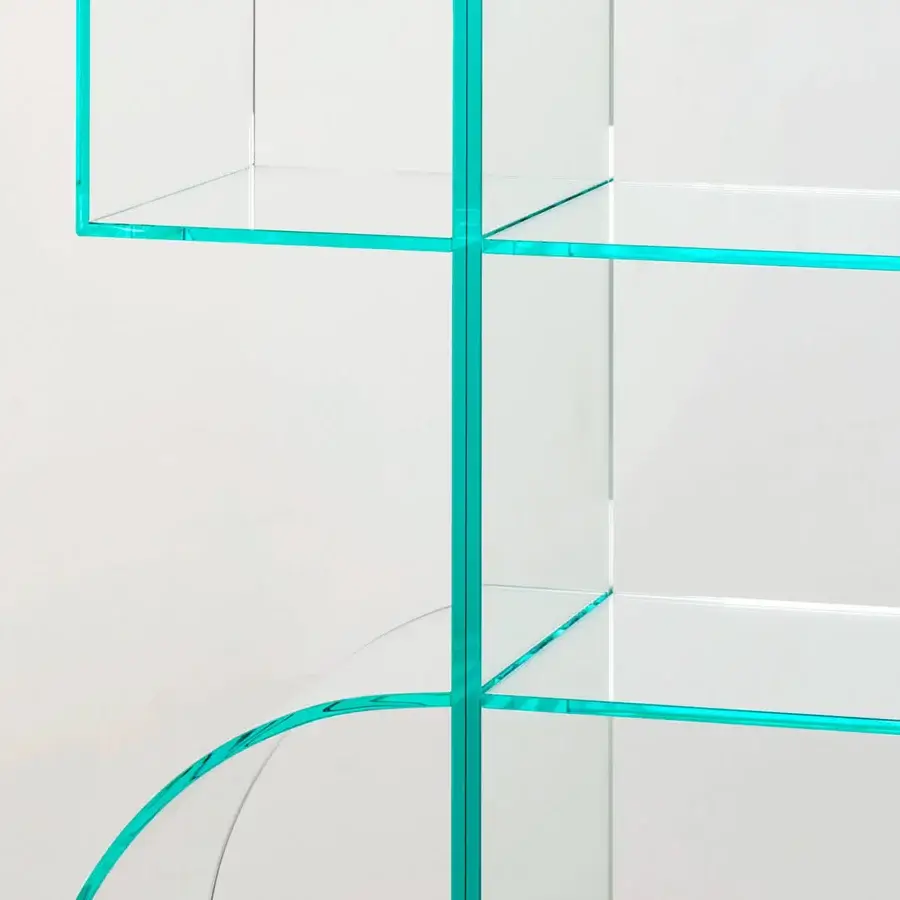 Superior Glas Italia Ollie Totem bookcase with 10mm extralight glass shelves and turquoise glossy metal frame