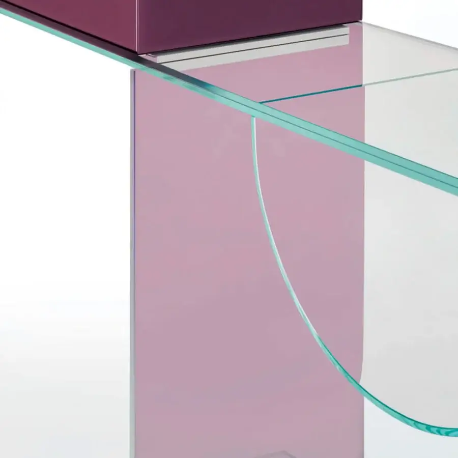 Elegant Glas Italia Ollie console with glossy plum laminated glass and curved pinkish-purple extralight glass storage