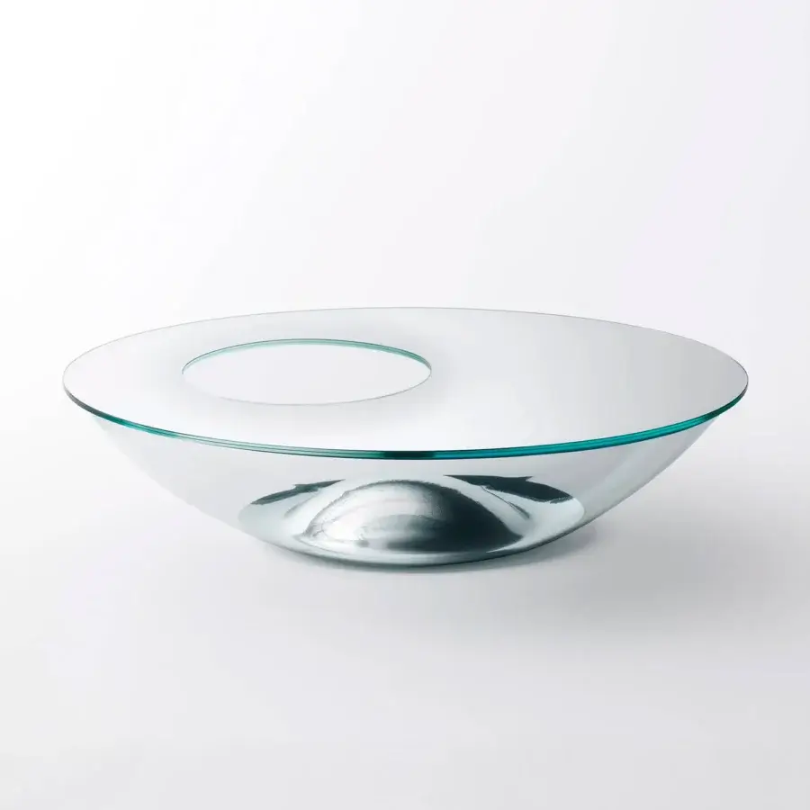 Superior Glas Italia Nacre table sculpted from transparent extralight glass with a mirrored bottom and refined mirror finish